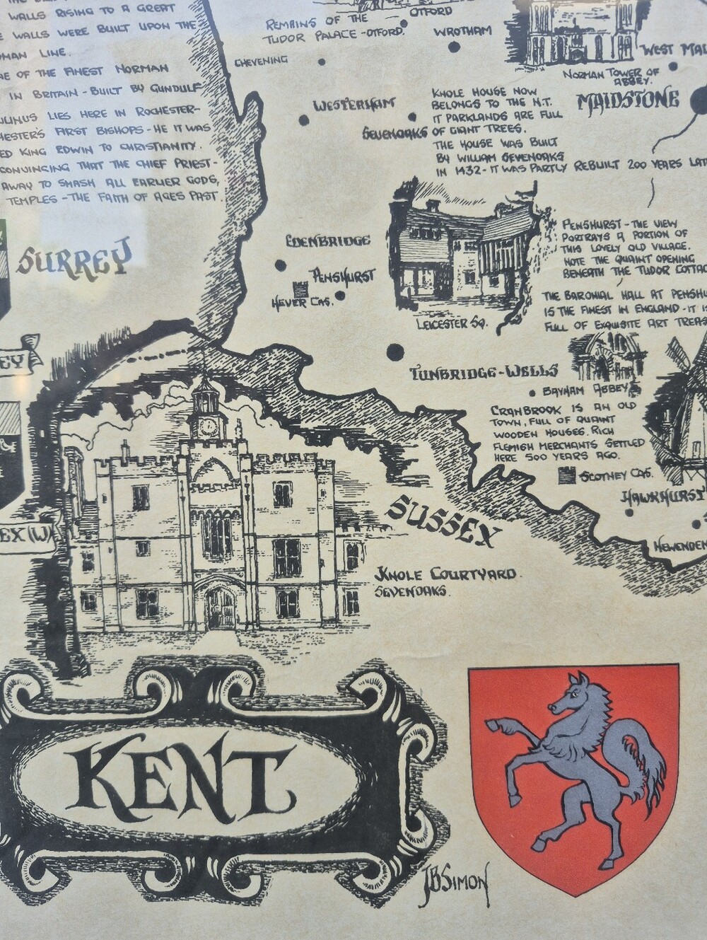 Vintage Pictorial Map of KENT - Framed - England - JB Simon
